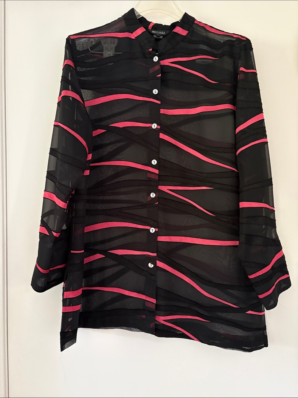 “Multiples” Sheer, Black Elegant Over-Jacket with Pink Stripe Accents Large